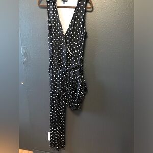 Nina Leonard Black & White Polka Dot Sleeveless Wrap Jumpsuit